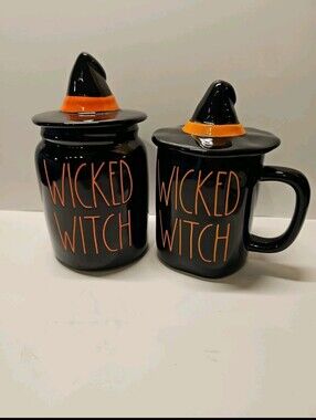 Rae Dunn Black WICKED WITCH Halloween Witch Hat Topper Canister & Mug Set NEW